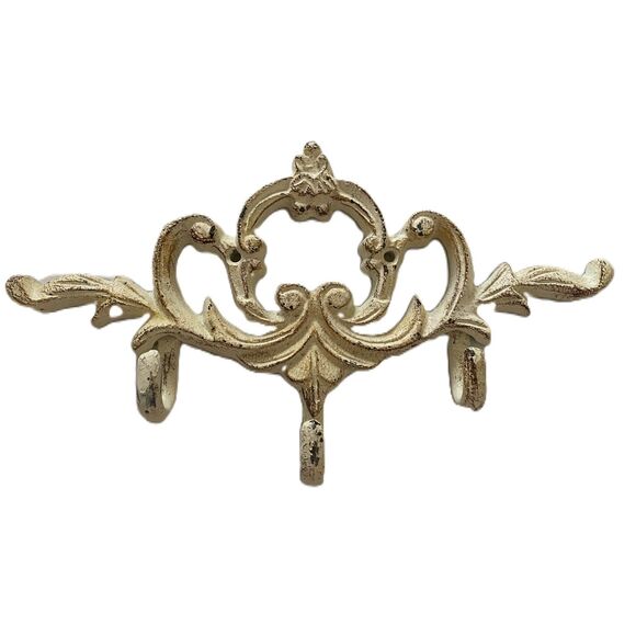 Vintage Ornate Iron Hall Tree Hook White Distressed Finish - Picture 1 of 4